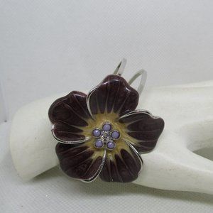 Huge Enamel Rhinestone Beaded Flower Silver Tone Metal Clamper Bracelet Flower